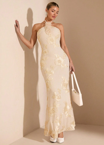 Кремова вечірня сукня з відкритою спиною SHEIN однотонна