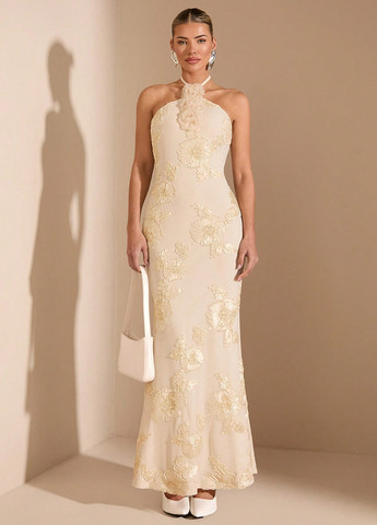 Кремова вечірня сукня з відкритою спиною SHEIN однотонна