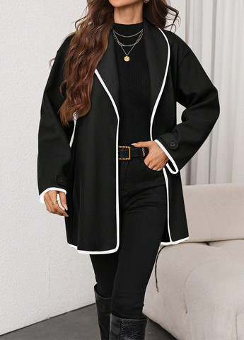 Черное Кэжуал полупальто однобортное SHEIN однотонное