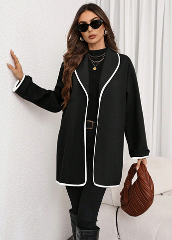 Черное Кэжуал полупальто однобортное SHEIN однотонное