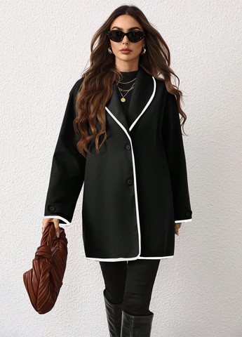 Черное Кэжуал полупальто однобортное SHEIN однотонное