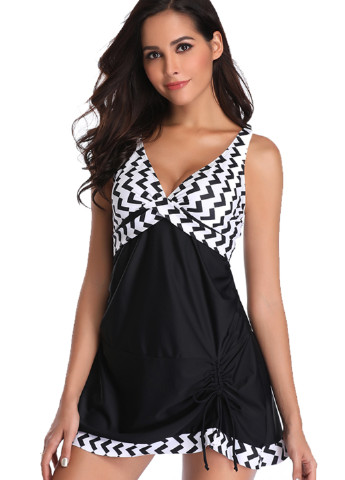 Черный демисезонный 9011 модный купальник платье с шортами черный с белым зиг заг купальник-платье Ods