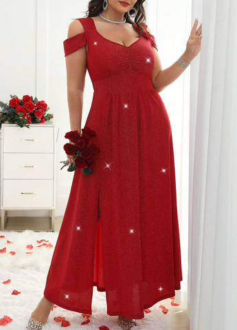 Красное вечернее платье а-силуэт, с открытыми плечами SHEIN однотонное