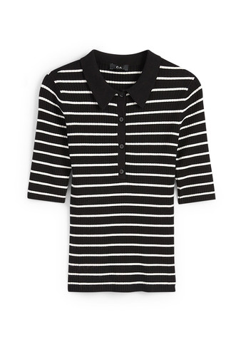 Черно-белая женская футболка-поло C&A в полоску
