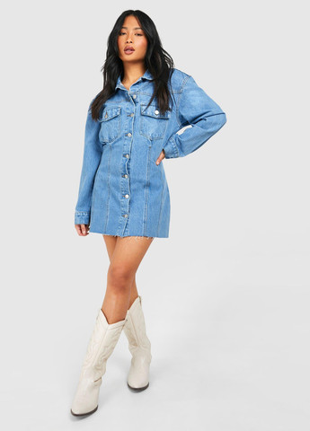 Голубое джинсовое, кэжуал платье рубашка Boohoo однотонное