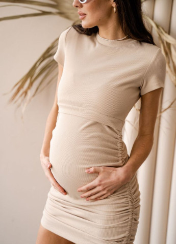 Бежева кежуал сукня - міді для вагітних з секретом для годування бежева To Be однотонна