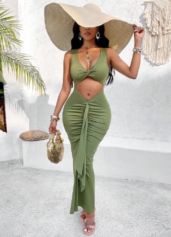 Зеленое вечернее, кэжуал, пляжное платье силуэтная SHEIN однотонное