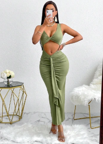 Зеленое вечернее, кэжуал, пляжное платье силуэтная SHEIN однотонное