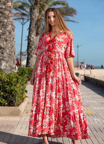Коралловое пляжное платье клеш Indiano с цветочным принтом