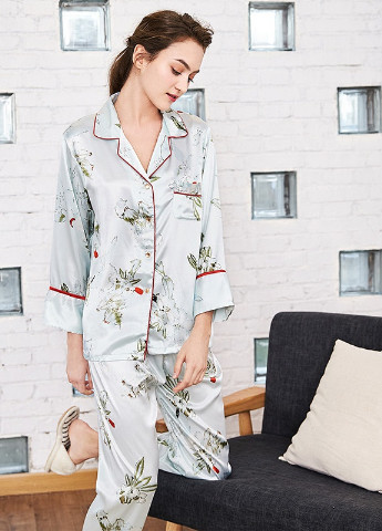 Бирюзовая всесезон пижама женская цветущая ветвь рубашка + брюки Berni Fashion 54267