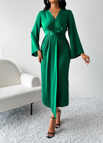 Зелена святковий, вечірня, кежуал сукня на запах SHEIN однотонна