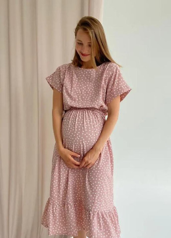 Пудровое кэжуал платье для беременных кормящих мам с секретом для кормления в горошек пудра To Be в горошек