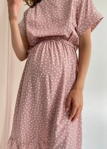 Пудровое кэжуал платье для беременных кормящих мам с секретом для кормления в горошек пудра To Be в горошек