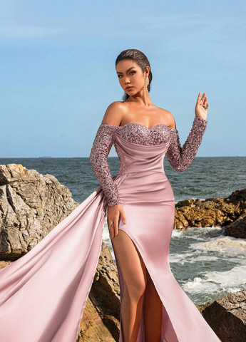 Светло-розовое вечернее платье со шлейфом, а-силуэт SHEIN однотонное