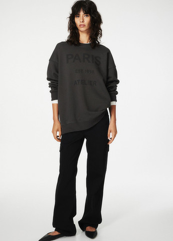 Світшот H&M - Вільний крій напис темно-сірий кежуал бавовна, трикотаж - (292711434)