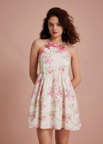 Комбинированное кэжуал платье бэби долл, клеш, с открытой спиной SHEIN с цветочным принтом