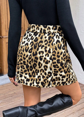 Коричневая кэжуал леопардовая юбка SHEIN на запах, а-силуэта (трапеция)