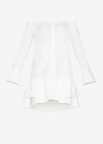 Белое кэжуал платье с открытыми плечами, а-силуэт BCBGMAXAZRIA однотонное