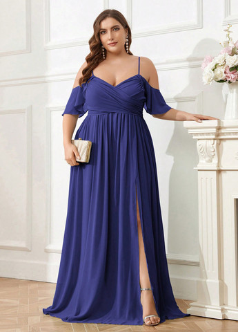 Синя вечірня сукня в грецькому стилі, з відкритими плечима SHEIN однотонна