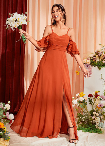 Медное праздничный, вечернее платье клеш, с открытыми плечами SHEIN однотонное