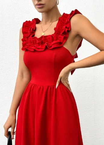 Красное кэжуал платье клеш SHEIN однотонное