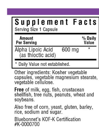 Альфа Ліпоєва Кислота 600 мг,, 30 рослинних капсул Bluebonnet Nutrition (228291613)