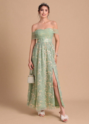 Светло-зеленое вечернее платье а-силуэт, с открытыми плечами SHEIN с цветочным принтом