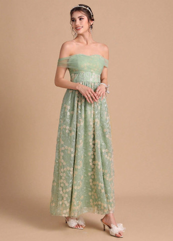 Светло-зеленое вечернее платье а-силуэт, с открытыми плечами SHEIN с цветочным принтом