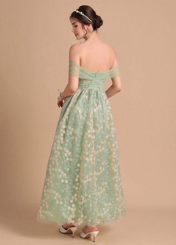 Светло-зеленое вечернее платье а-силуэт, с открытыми плечами SHEIN с цветочным принтом