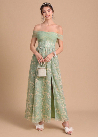 Светло-зеленое вечернее платье а-силуэт, с открытыми плечами SHEIN с цветочным принтом