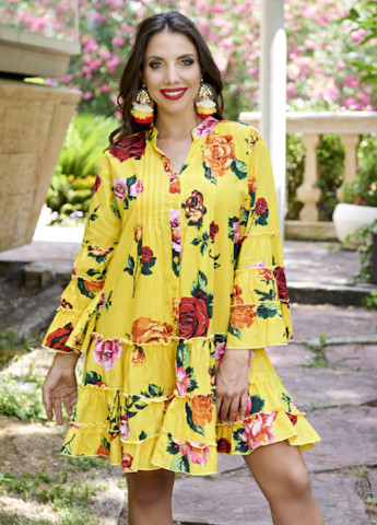 Желтое пляжное платье клеш Indiano с цветочным принтом