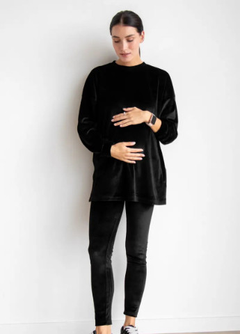 Стильний велюровий костюм для вагітних чорний з кофтою oversize крою та звуженими лосинами To Be (254455842)