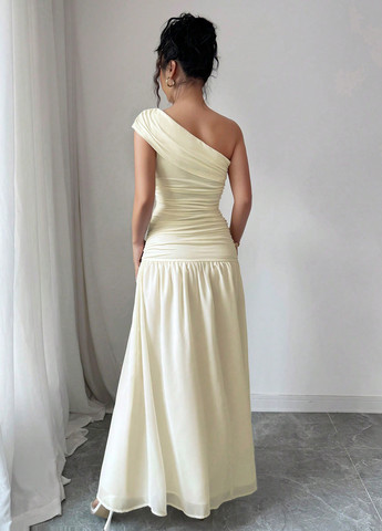 Світло-жовтий святковий, вечірня сукня кльош, з відкритими плечима SHEIN однотонна