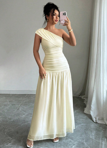 Світло-жовтий святковий, вечірня сукня кльош, з відкритими плечима SHEIN однотонна