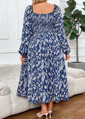 Синее кэжуал платье клеш SHEIN с цветочным принтом