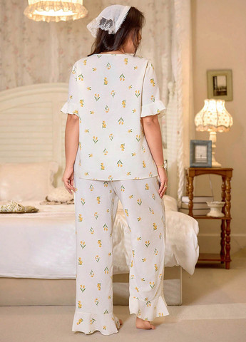 Молочная всесезон пижама (рубашка, брюки) рубашка + брюки SHEIN