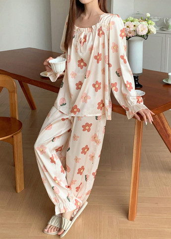 Кремовая всесезон пижама (лонгслив, брюки) лонгслив + брюки SHEIN