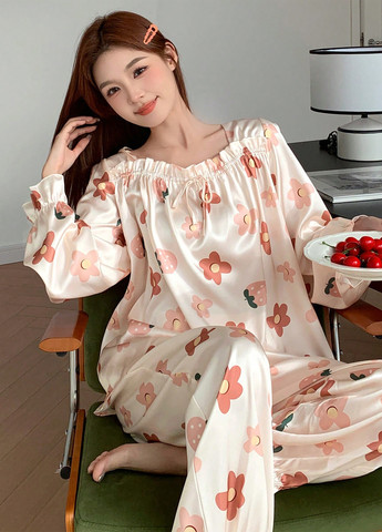 Кремовая всесезон пижама (лонгслив, брюки) лонгслив + брюки SHEIN