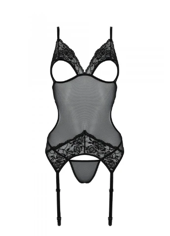 Корсет із підв’язками та ажурним ліфом Christa Corset black XXL/XXXL —, стрінги в комплекті Passion (255457800)