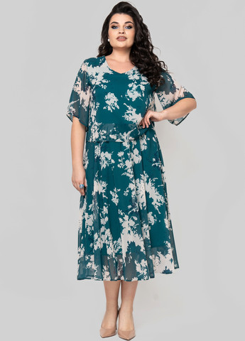 Темно-бирюзовое кэжуал платье а-силуэт A'll Posa с цветочным принтом