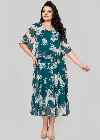 Темно-бирюзовое кэжуал платье а-силуэт A'll Posa с цветочным принтом