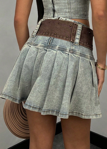 Серо-голубая джинсовая однотонная юбка SHEIN плиссе