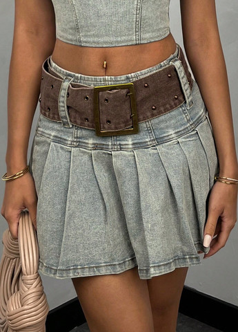 Серо-голубая джинсовая однотонная юбка SHEIN плиссе