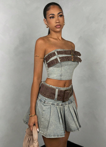 Серо-голубая джинсовая однотонная юбка SHEIN плиссе