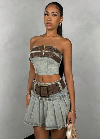 Серо-голубая джинсовая однотонная юбка SHEIN плиссе