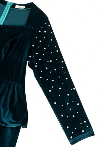 Изумрудное коктейльное, вечернее платье с баской, футляр SHEIN однотонное