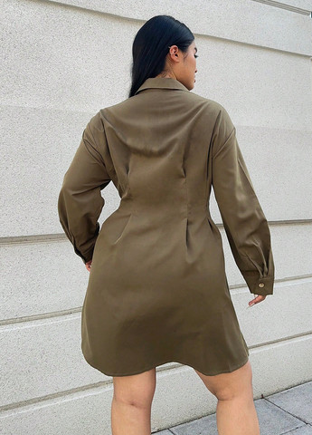Оливковое праздничный, деловое, кэжуал платье а-силуэт, рубашка SHEIN однотонное