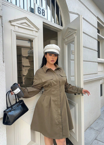 Оливковое праздничный, деловое, кэжуал платье а-силуэт, рубашка SHEIN однотонное