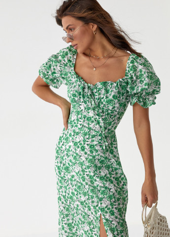 Зеленое кэжуал цветочное платье миди с разрезом No Brand с цветочным принтом