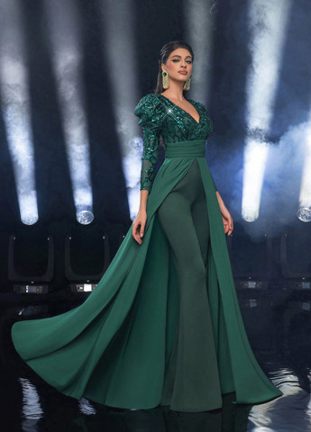 Сукня SHEIN комбінезон-брюки однотонний темно-зелений вечірній поліестер